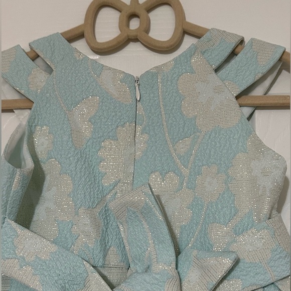 Bonnie Jean Toddler Girls Aqua Floral Jacquard Dress with Pearl Accents - Picture 7 of 12